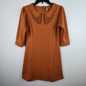 Mono B Vintage Inspired 3/4 Sleeve Sheath Dress Metal Stud Collar M Burnt Ornage
